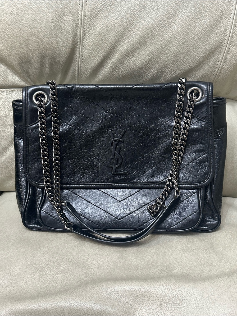 Saint Laurent Black Leather Shoulder Bag with Chain Straps